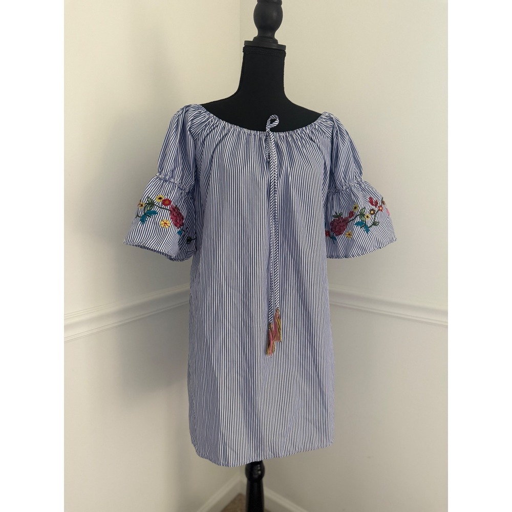 Striped Dress Floral Embroidered Bell short Sleeve Tunic mini women size M‎